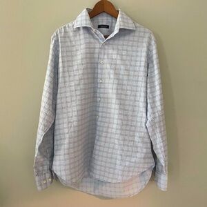 ZARA MAN Plaid White Blue 100% Cotton Button Up Long Sleeve Collared Shirt, 16